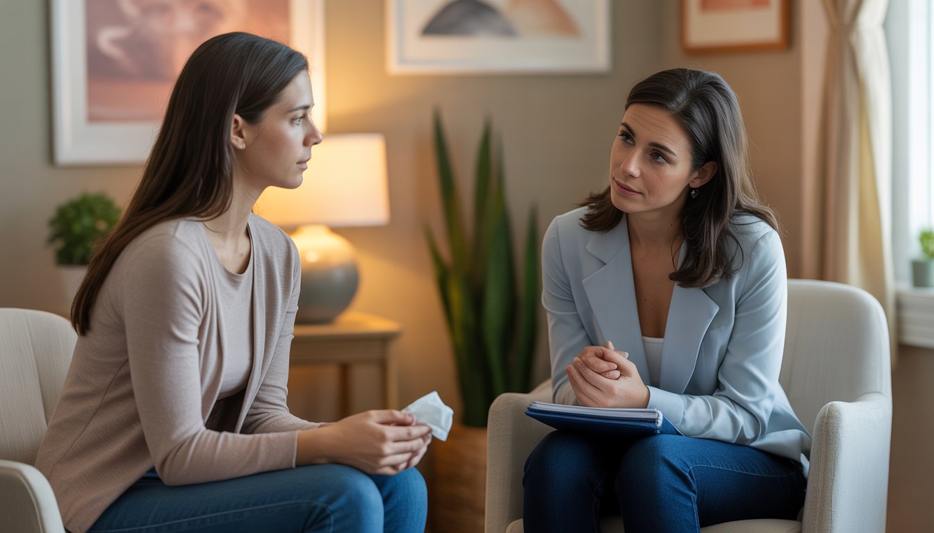 A woman and a therapist sitting in a comfortable office, having a supportive conversation.