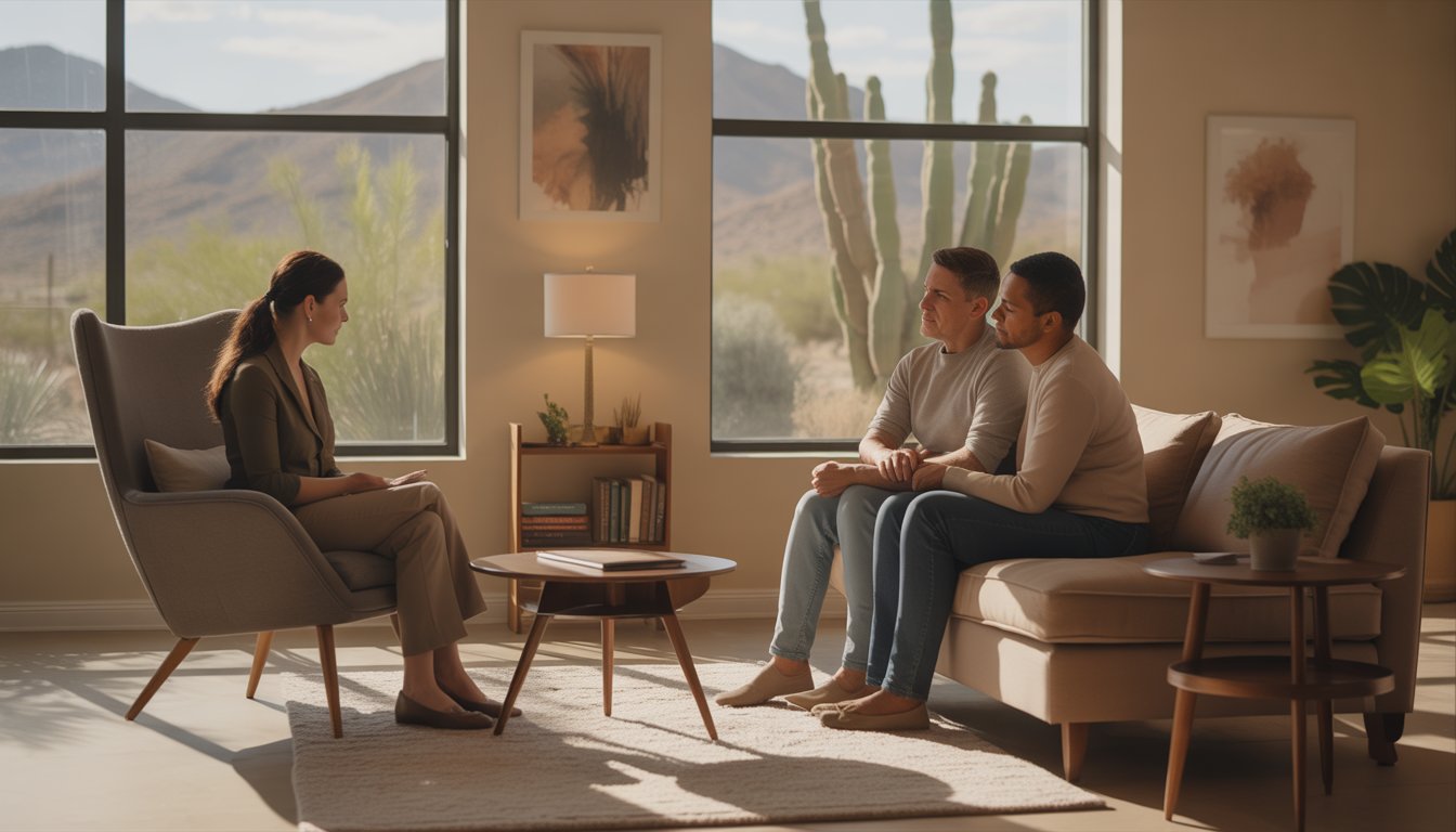 A therapist listens attentively to a couple holding hands in a cozy counseling office with natural light and desert plants visible outside.