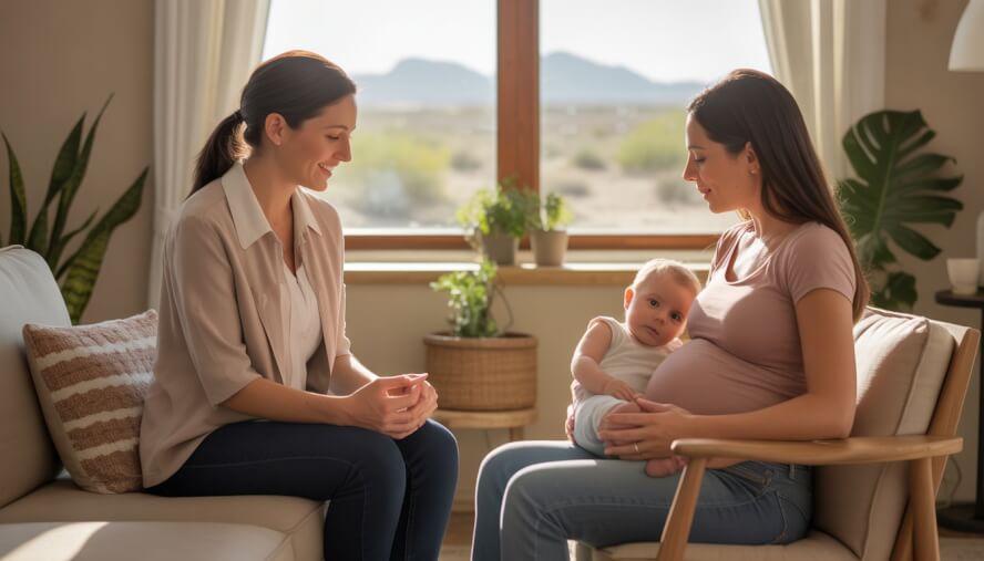 A female therapist attentively speaking with a pregnant woman and a new mother holding her baby in a softly lit therapy room with plants and a window showing a desert landscape.