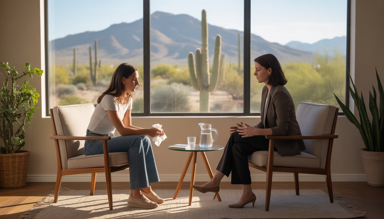 A therapist and a woman having a supportive conversation in a bright therapy office with a desert view outside.