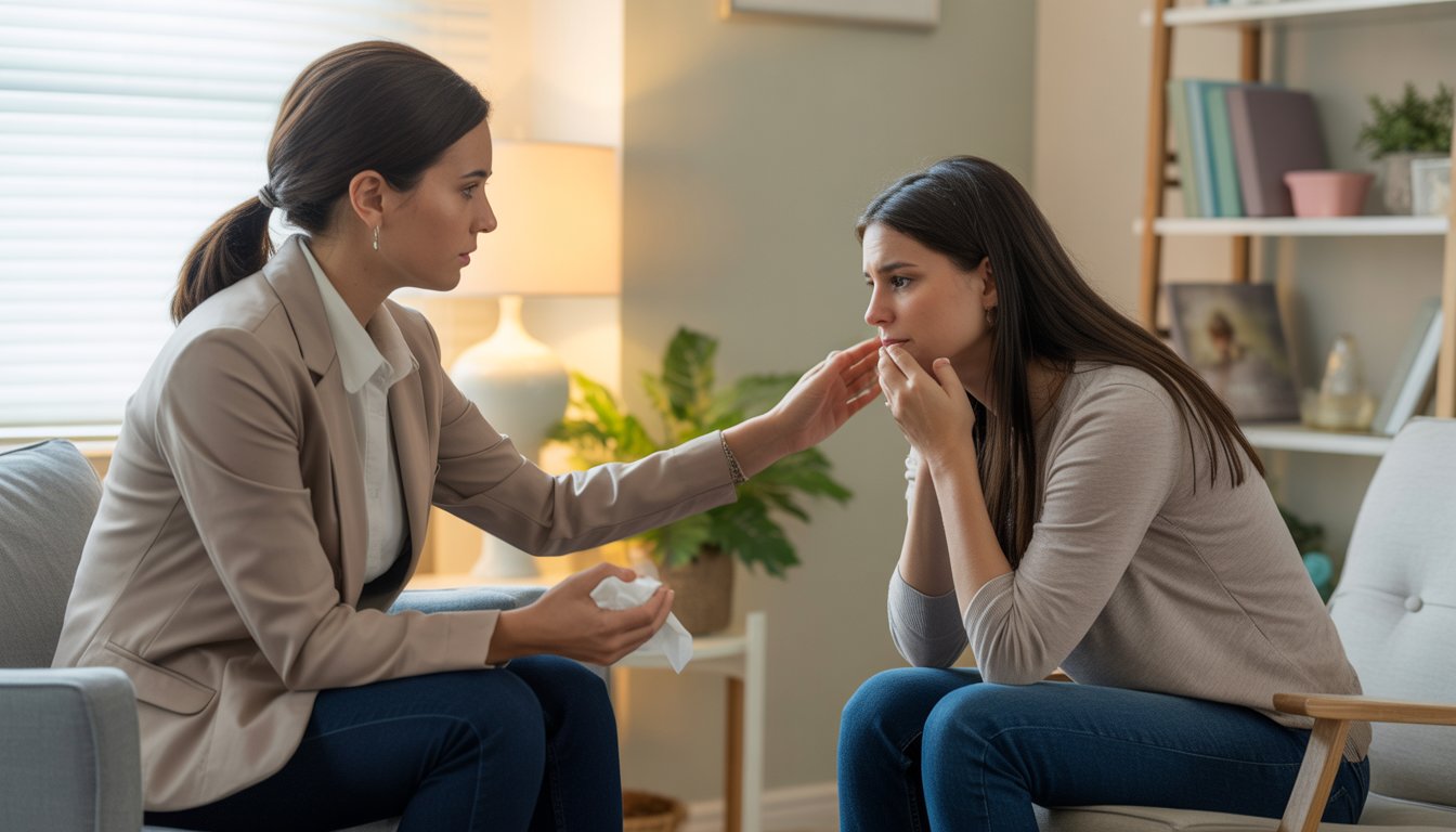A therapist compassionately listens to a young woman in a warm, comfortable counseling office.