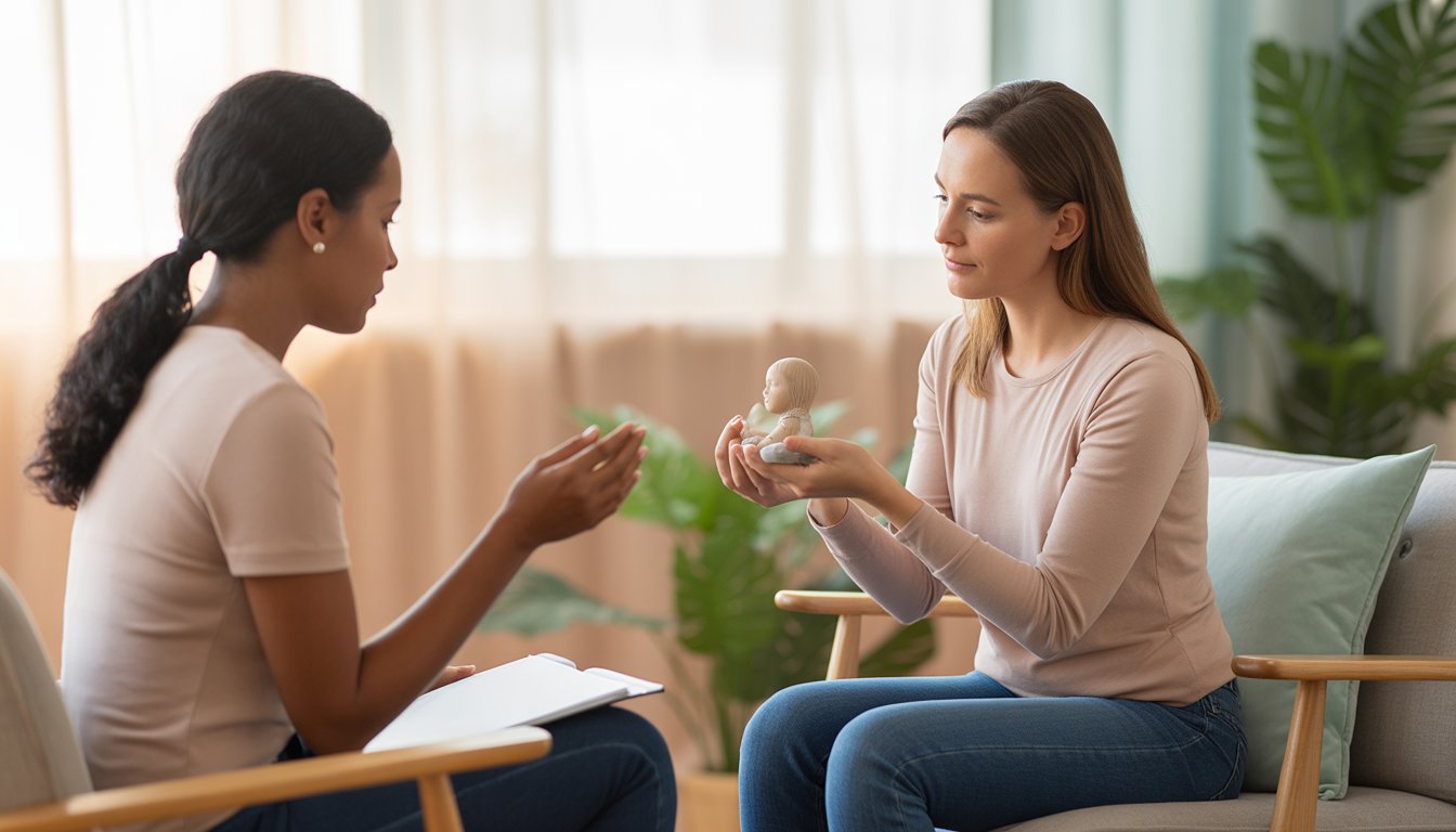 A therapist attentively listens to a woman holding a small keepsake in a bright, peaceful therapy room with plants and soft sunlight.