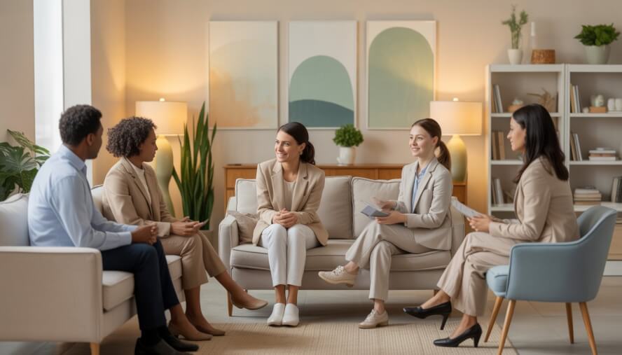 A woman receiving compassionate support from therapists in a calm and welcoming clinic setting.