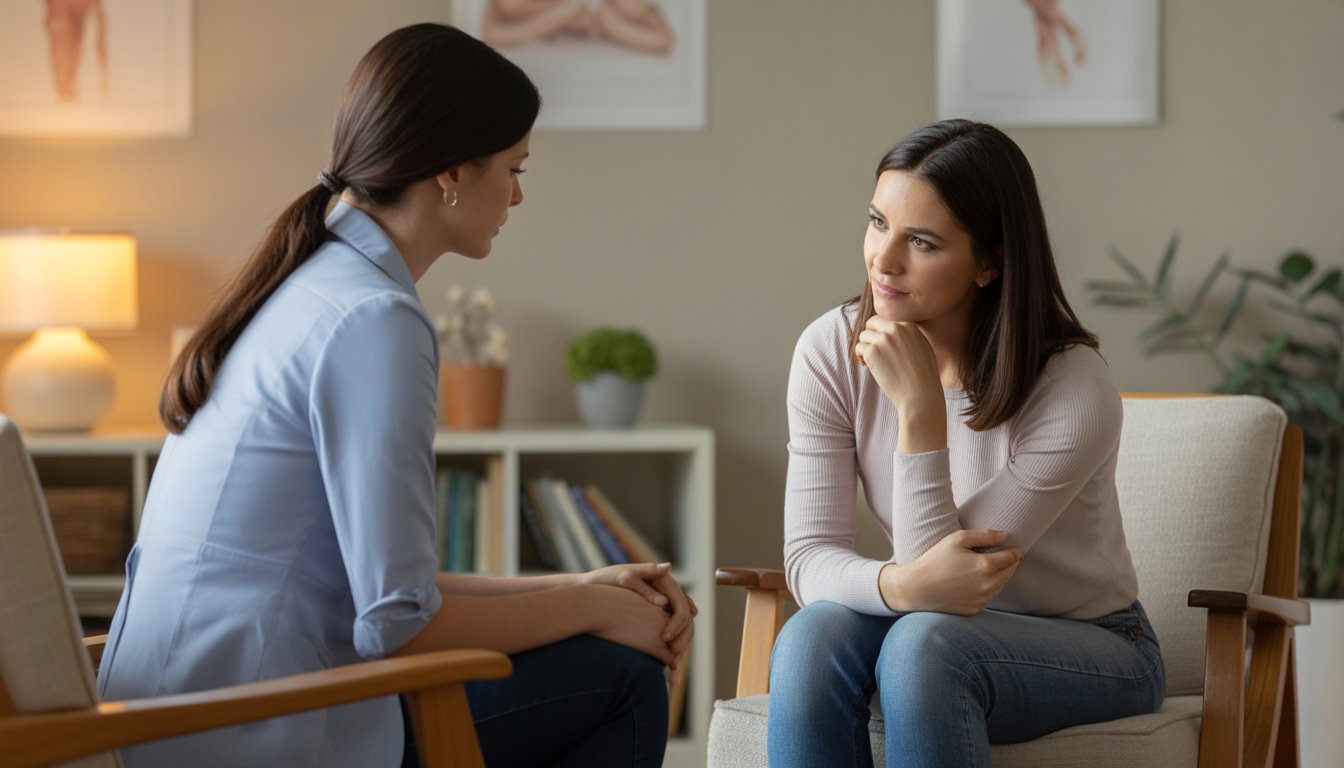 A female therapist attentively talking with a female patient in a warm, comfortable therapy room.