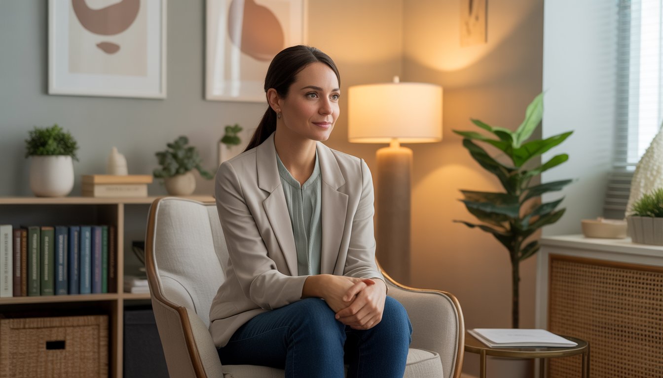 A female therapist sitting in a comfortable chair in a warmly lit office with books and plants around her, looking calm and approachable.