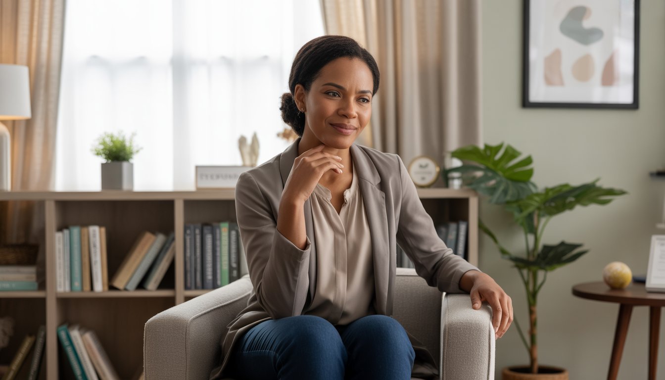 A female therapist sits in a cozy office, attentively listening with a gentle smile.