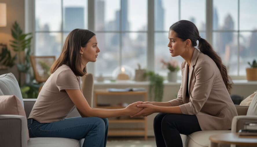 A therapist attentively listens to a woman in a comforting therapy office with city buildings visible through the window.