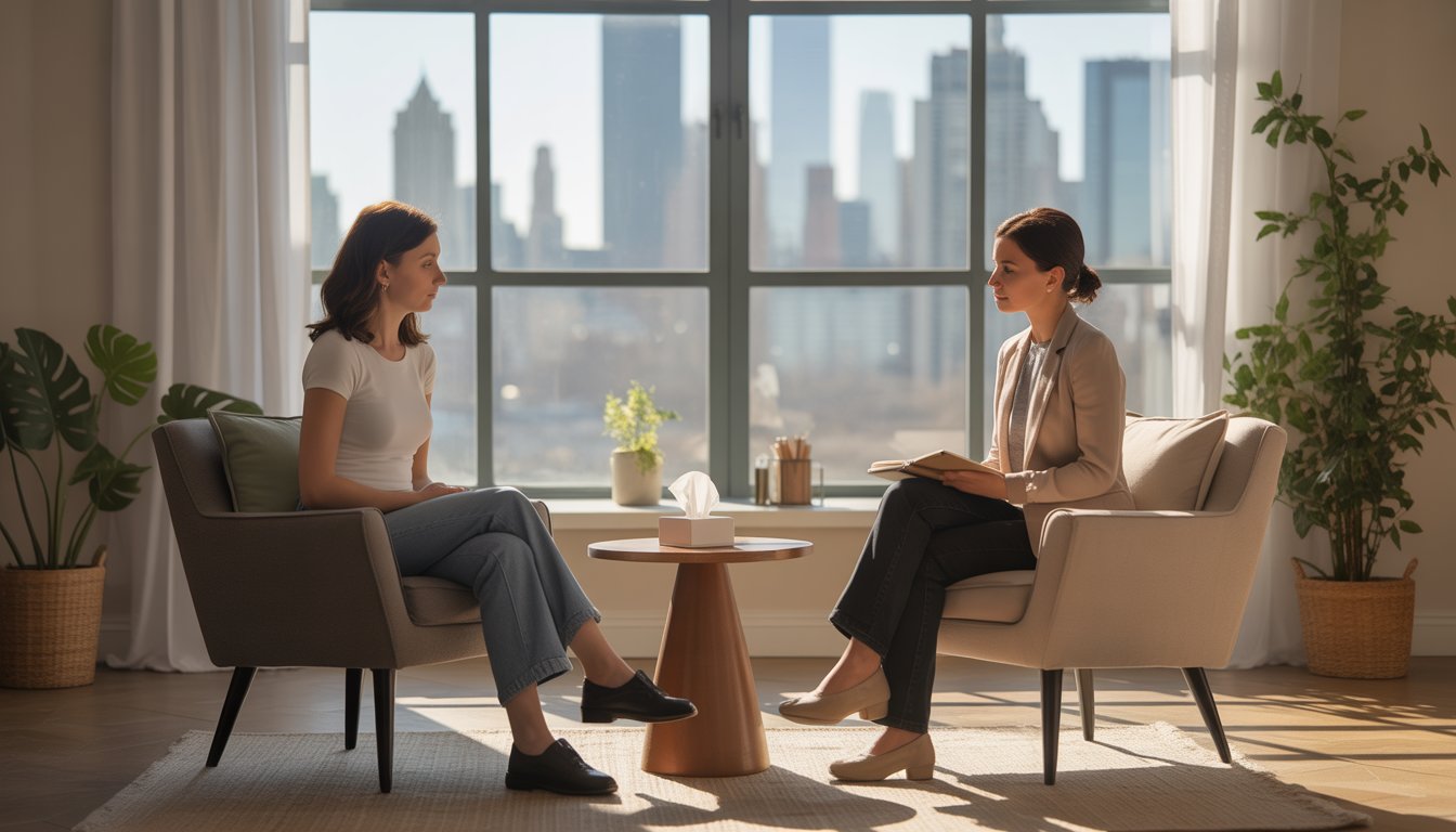 A therapist and a woman sit in a softly lit office with a view of Manhattan, engaged in a supportive conversation.