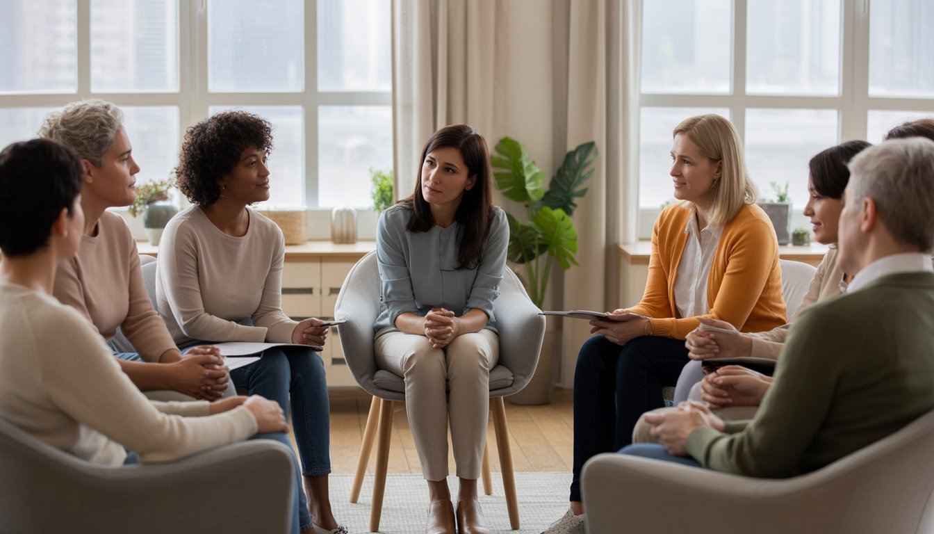 A group of adults sitting in a circle in a counseling room, engaged in a supportive therapy session with a female therapist.