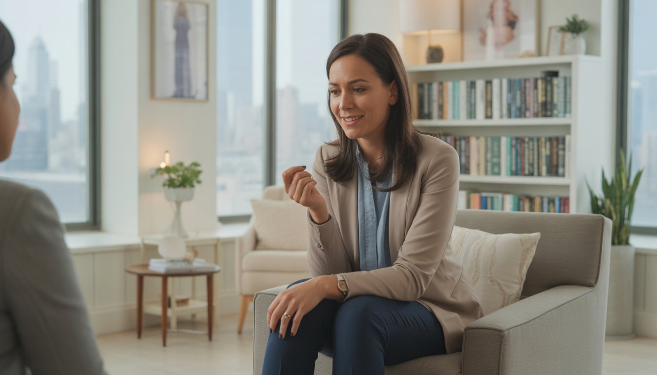 A female therapist seated in a bright office with a city view, attentively listening and offering support.