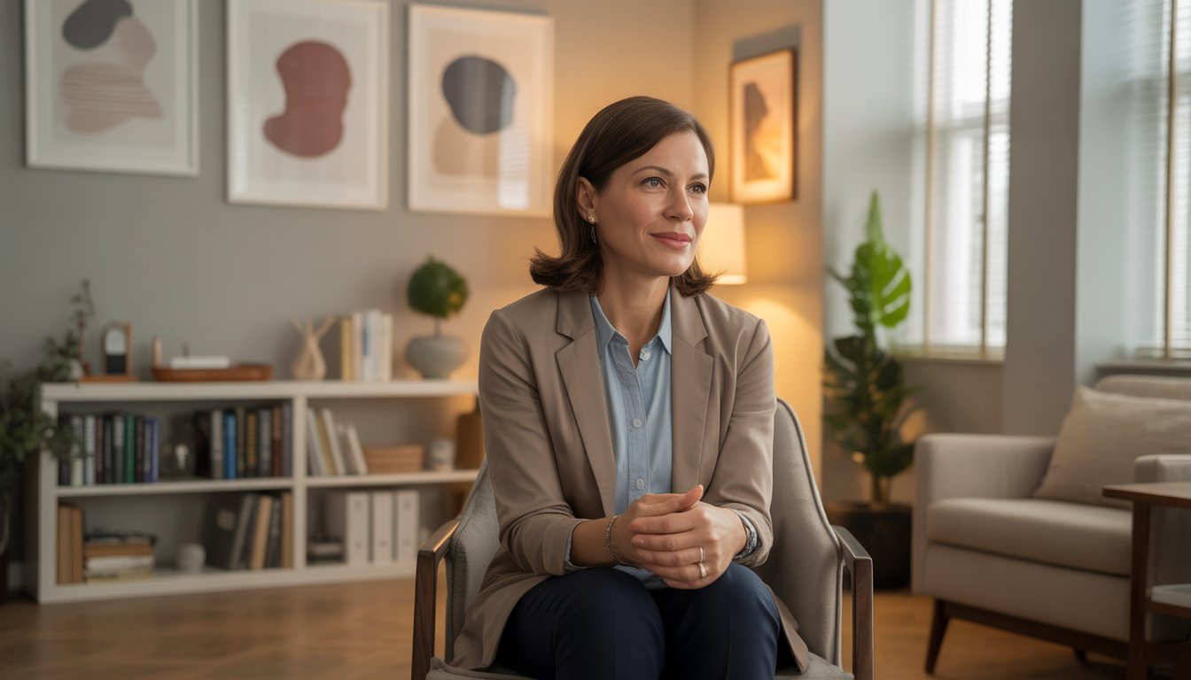 A female therapist sitting in a comfortable chair in a warmly lit office with bookshelves and plants, looking kind and attentive.