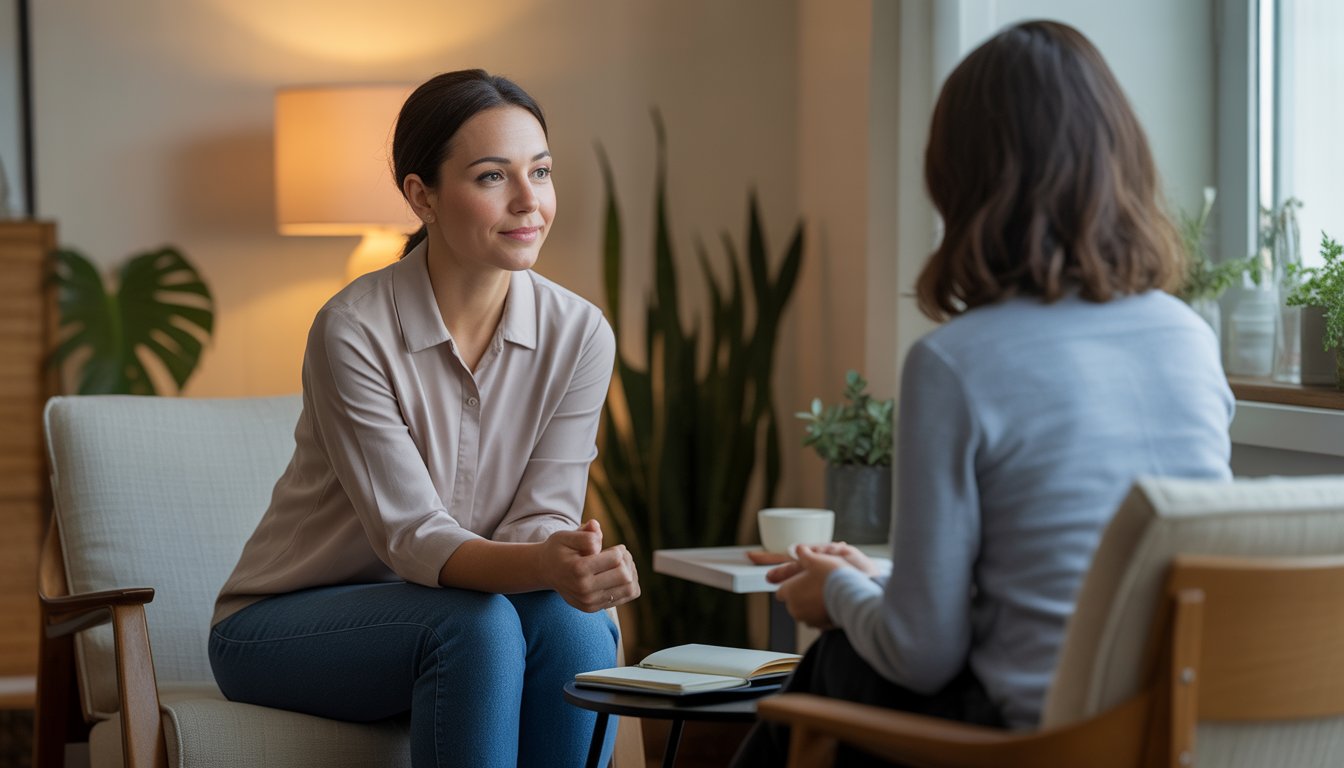A female therapist attentively listening to a client in a warm, inviting counseling office.