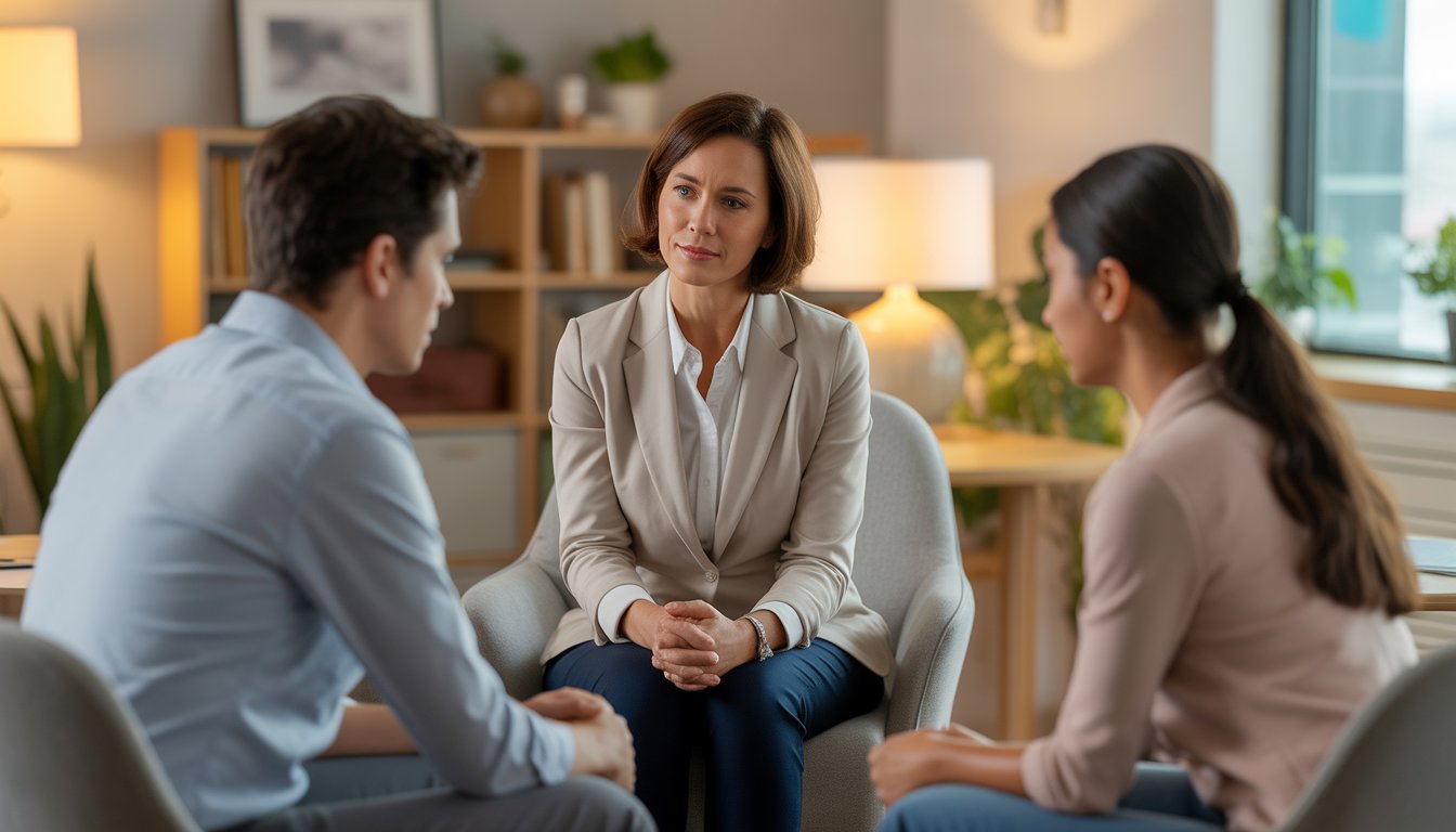 A female therapist talking compassionately with a young couple in a cozy office.