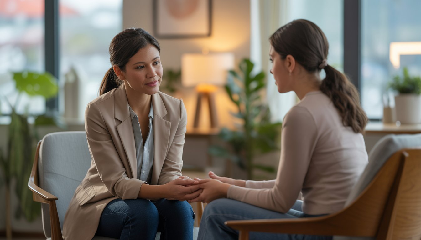 A female therapist attentively listening to a female client in a warm and comfortable counseling office.