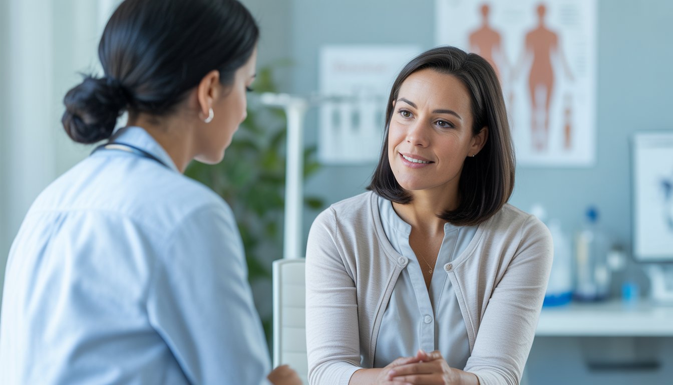 A female doctor talking with a woman patient in a bright medical office, providing compassionate healthcare.