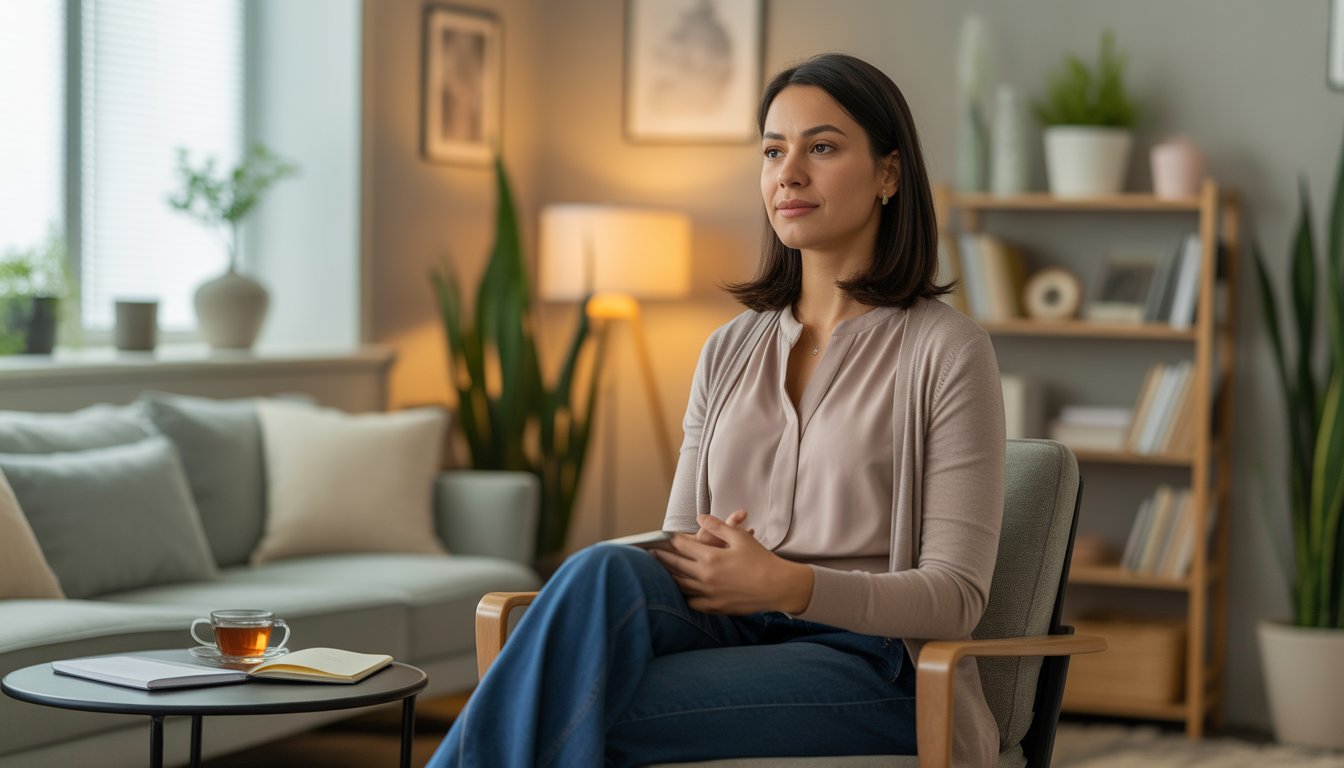 A female therapist sitting in a cozy office, looking calm and compassionate.