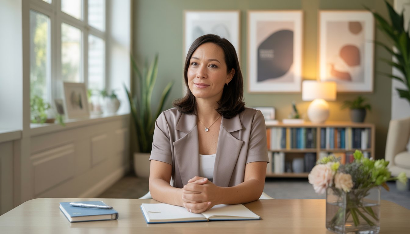 A female therapist sitting in a warmly lit office with plants and books, looking compassionate and approachable.