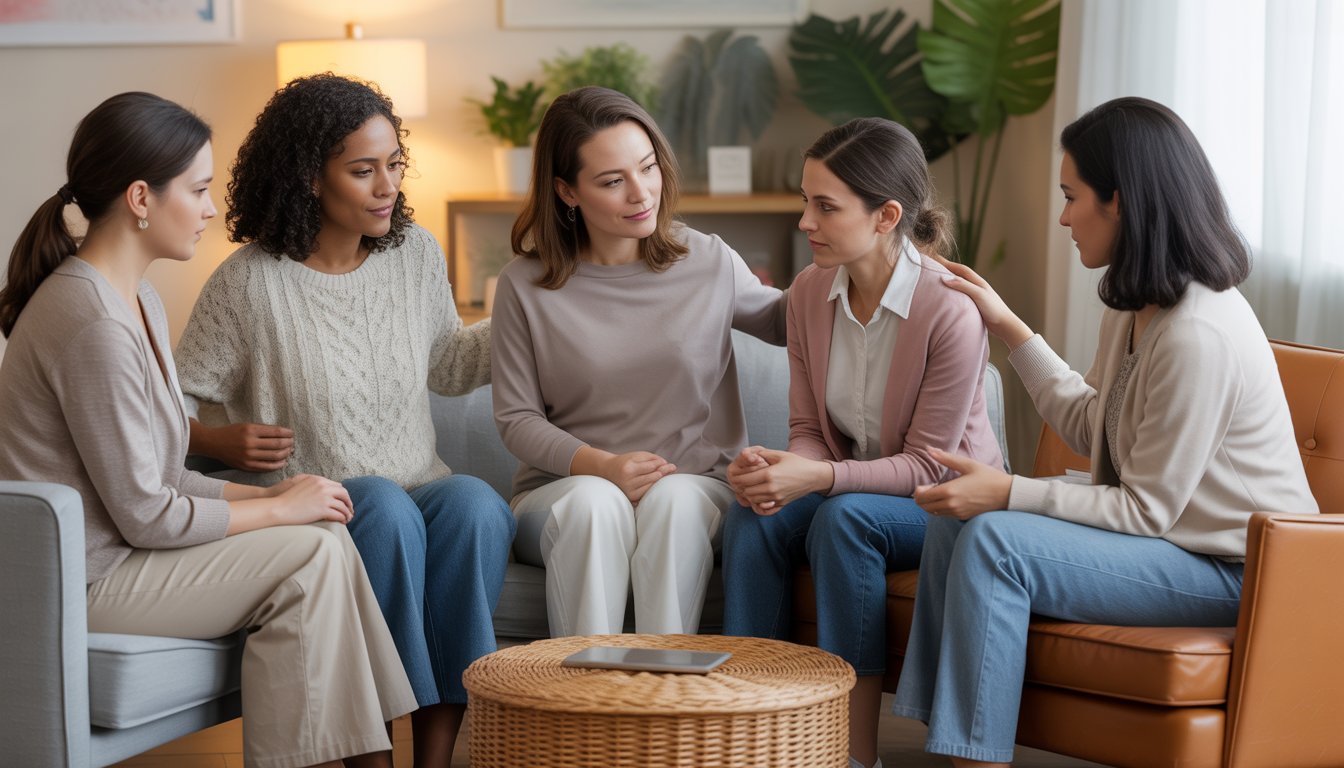 A diverse group of women sitting together in a cozy lounge, offering support and comfort to each other.