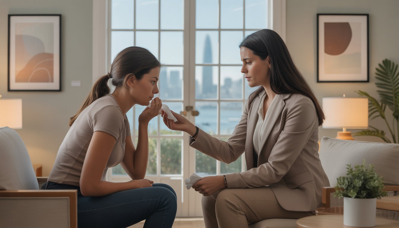 A therapist attentively supporting a woman during a counseling session in a bright office with a view of the San Francisco skyline.
