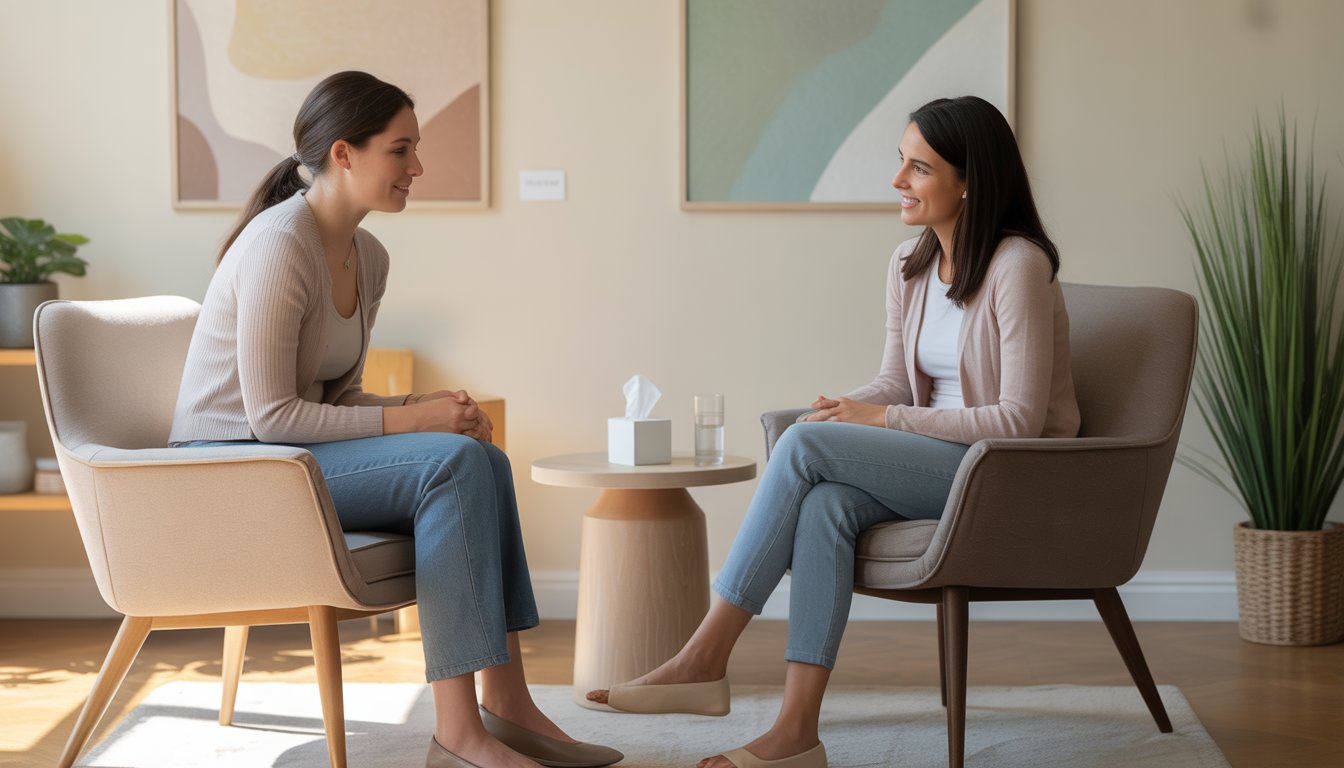 A therapist and client having a supportive conversation in a bright, comfortable counseling office.