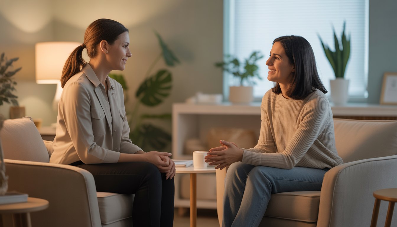 A therapist and a woman having a supportive conversation in a calm, comfortable therapy room.