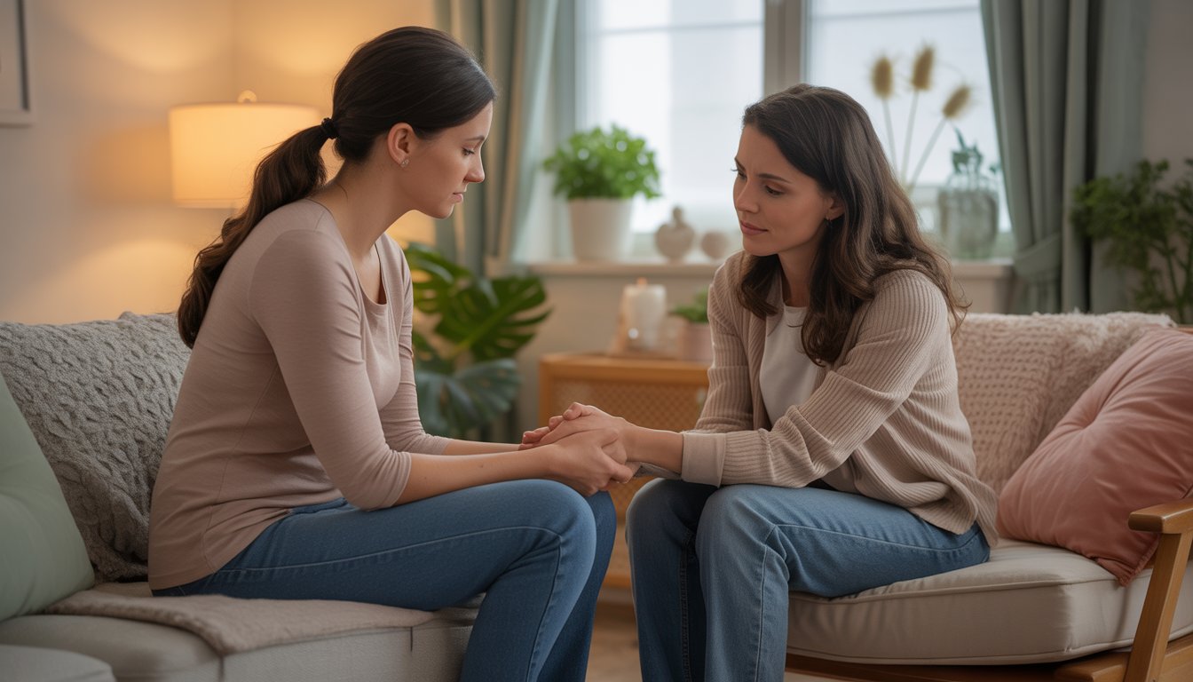 A doula comforting a woman in a cozy therapy room, offering support and care.
