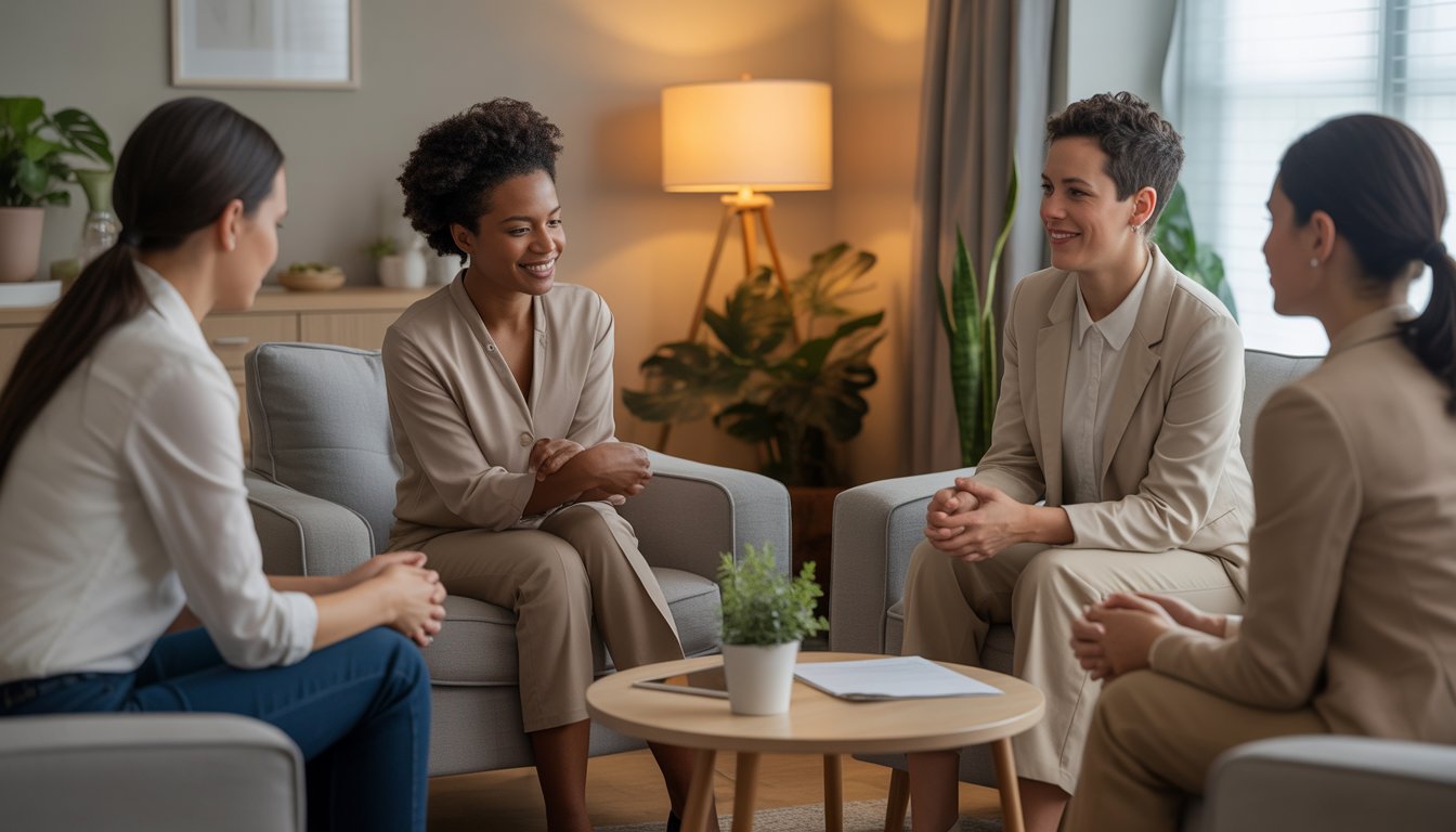 A therapist attentively listening to a client in a calm, comfortable therapy office with natural light and plants.