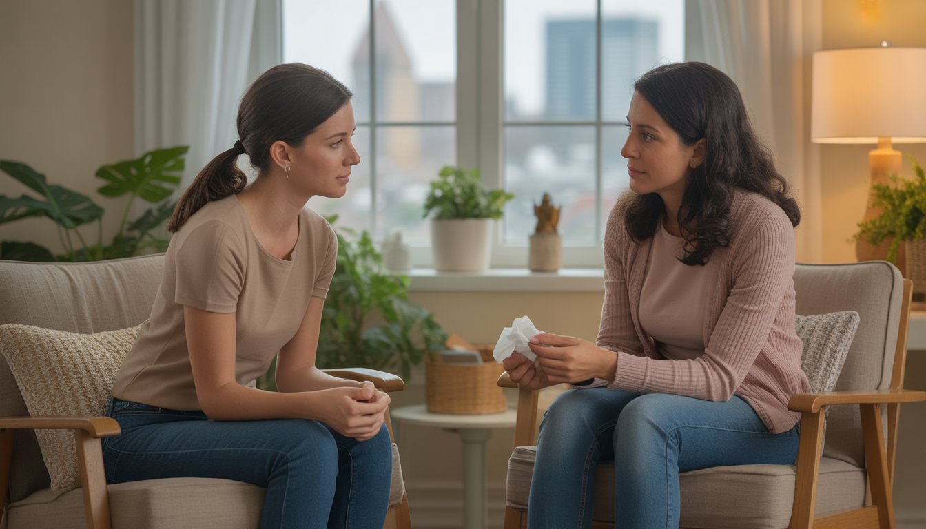 A female therapist and client sit together in a cozy therapy room, sharing a supportive and caring moment.