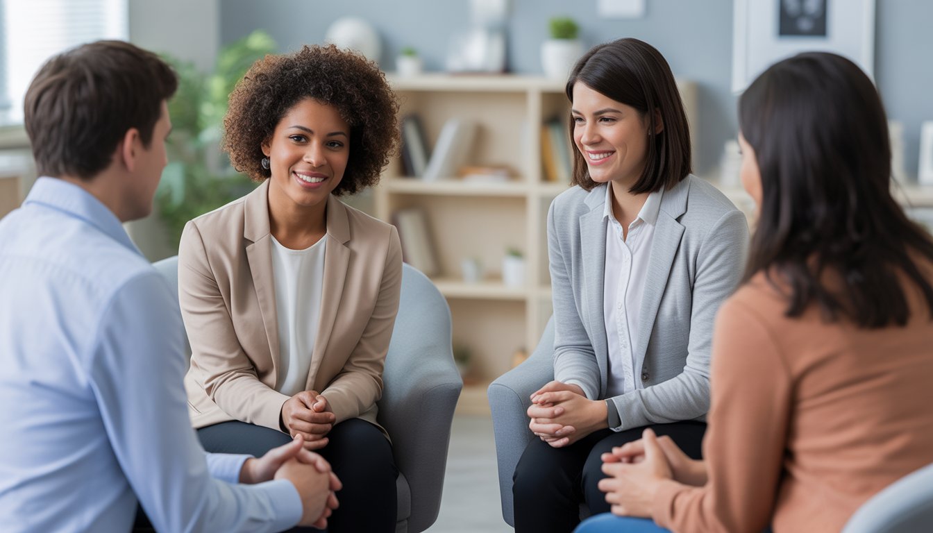 A diverse group of clinicians and a patient in a warm therapy office having a supportive conversation.
