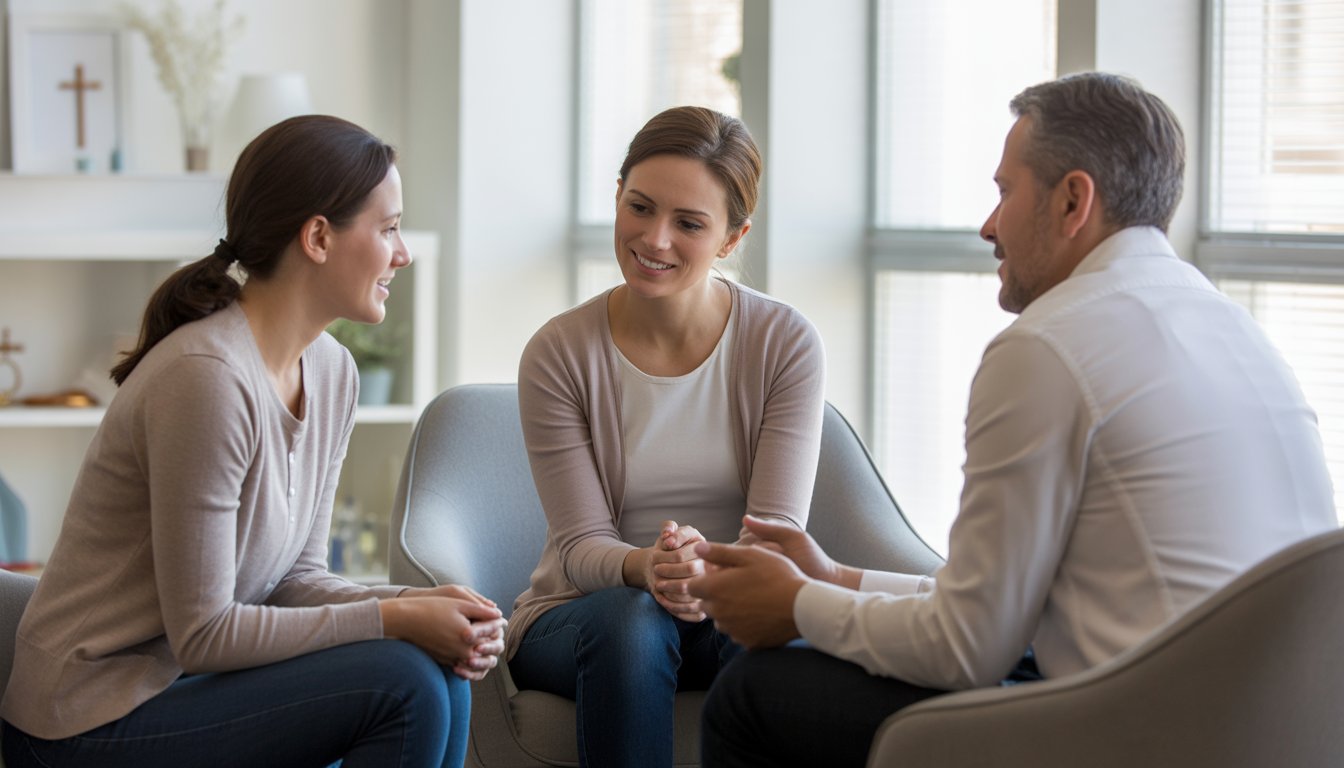 A mental health therapist and physician supporting a young woman in a bright therapy office.