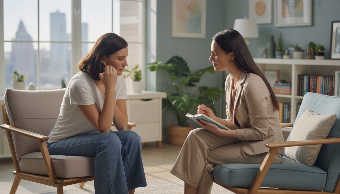 A female therapist attentively listens to a woman in a comfortable therapy office with a window showing Baltimore city in the background.