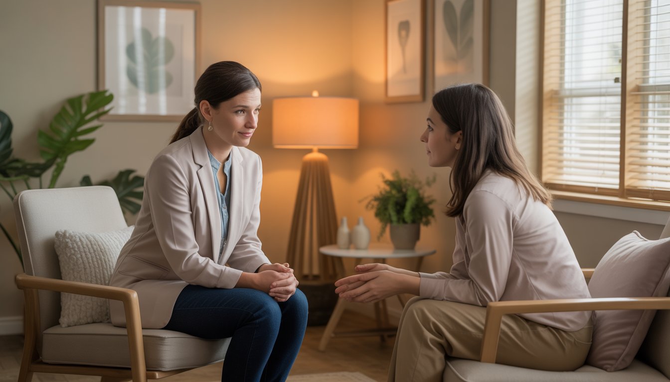 A therapist attentively listens to a woman in a calm therapy office, offering support during a difficult moment.