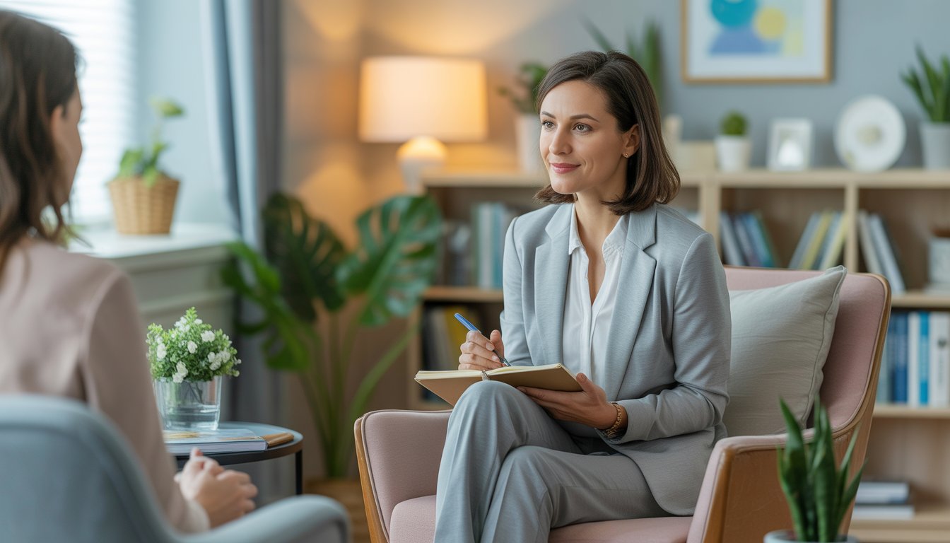 A female therapist attentively listening in a warmly lit office with calming decor.