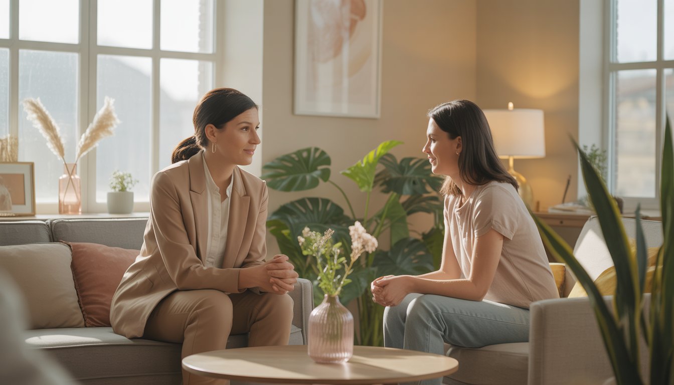 A therapist attentively listening to a young woman in a cozy counseling office with natural light and calming decor.