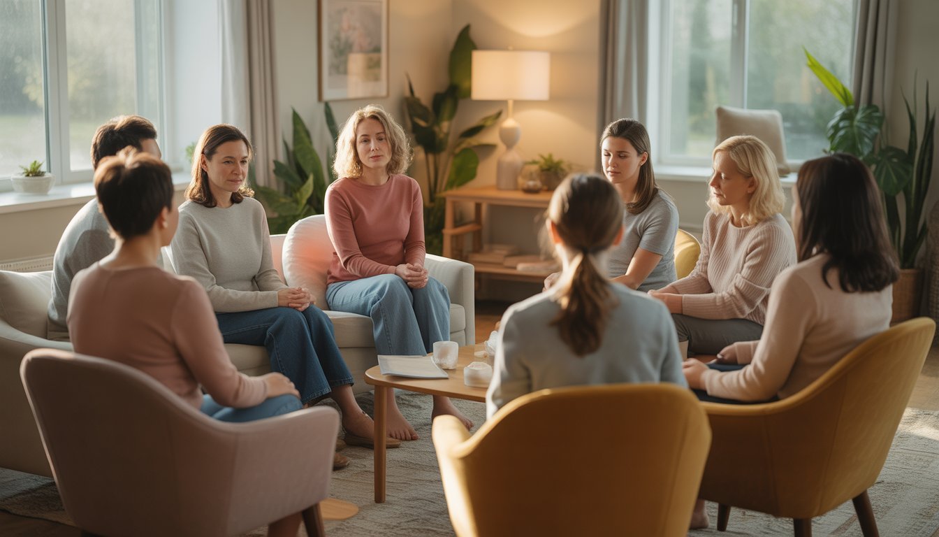 A group of adults sitting in a circle in a warm therapy room, engaged in a supportive conversation led by a therapist.