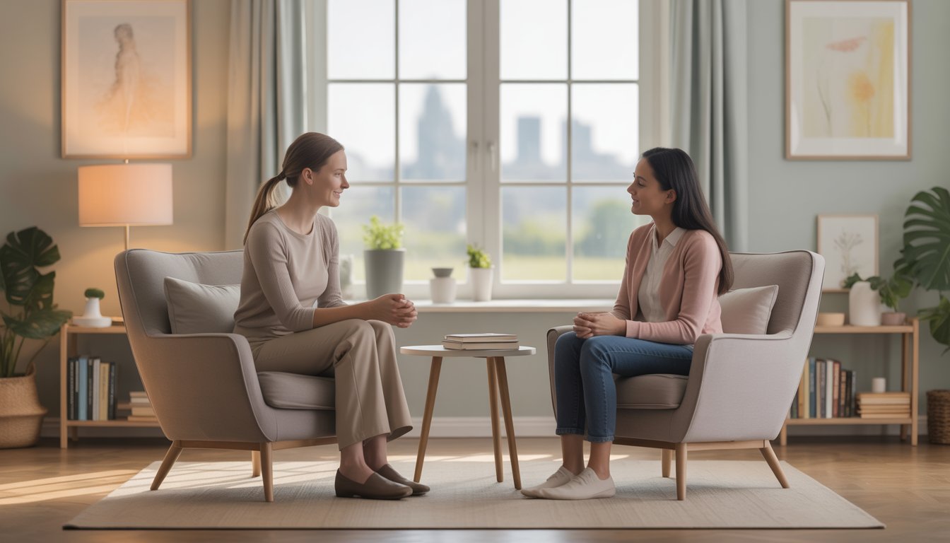 A therapist attentively listening to a woman in a cozy therapy office with natural light and calming decor.