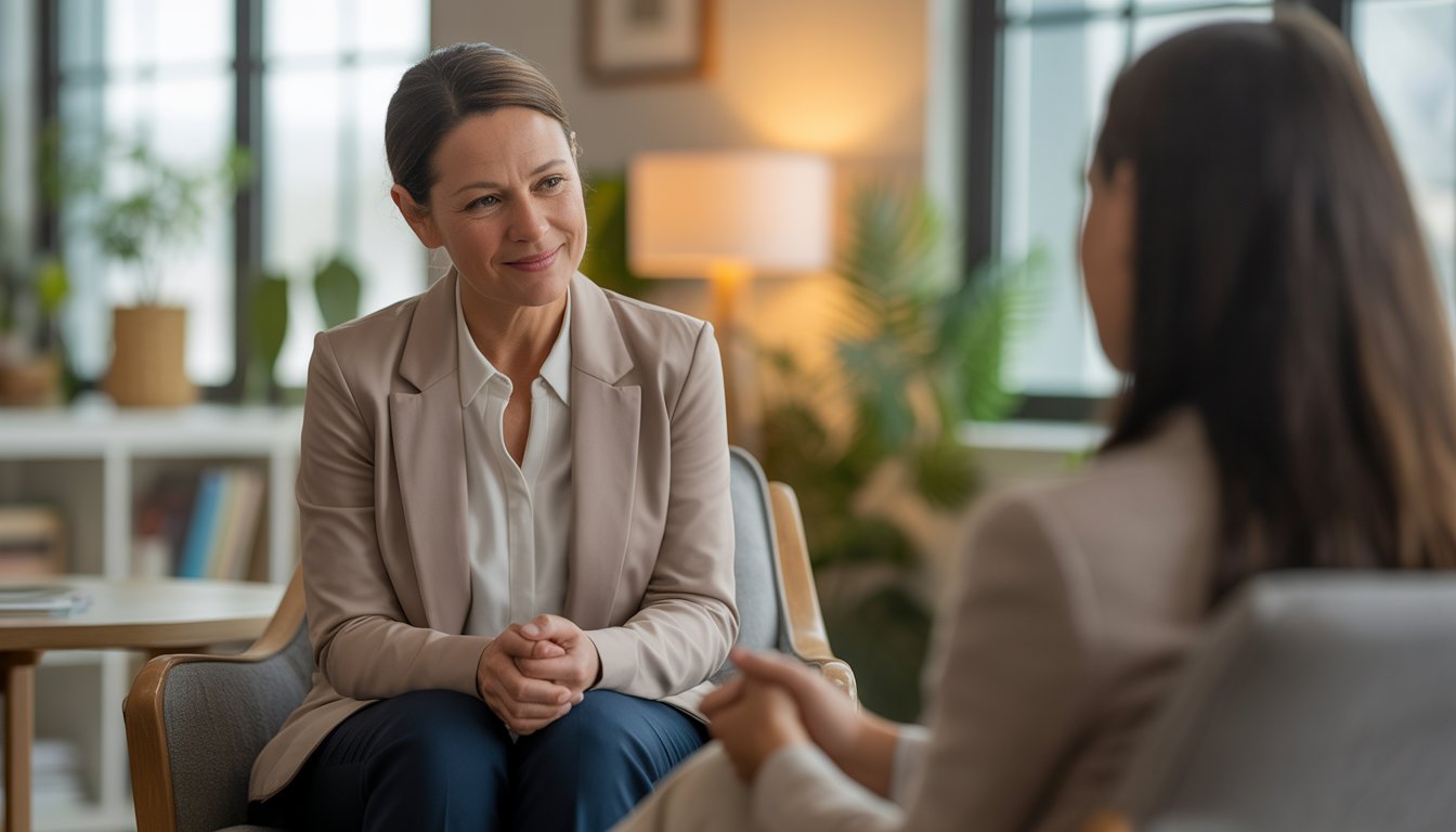 A female therapist sitting in a comfortable office, attentively listening to a client in a calm and welcoming environment.