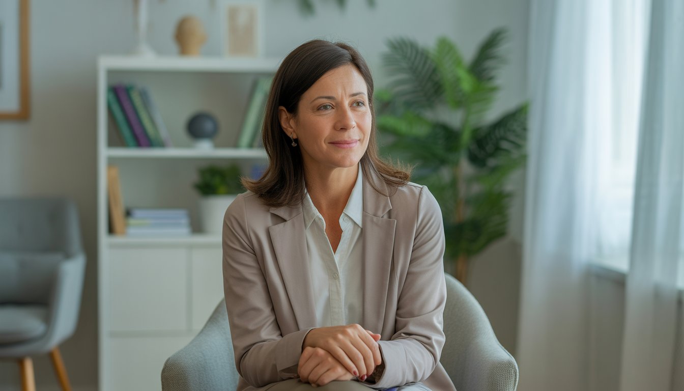 A female therapist sitting in a calm office, smiling warmly and offering a supportive presence.