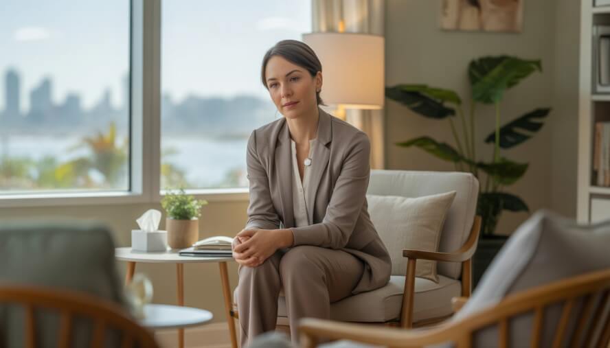 A female therapist sitting in a bright, comfortable office with a window showing a city view, creating a warm and supportive atmosphere.