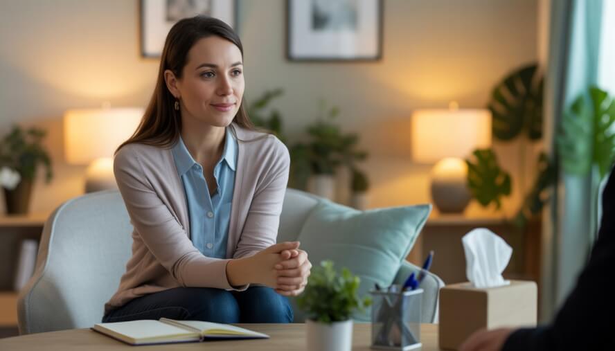 A female therapist sitting in a comfortable office, looking empathetic and attentive.