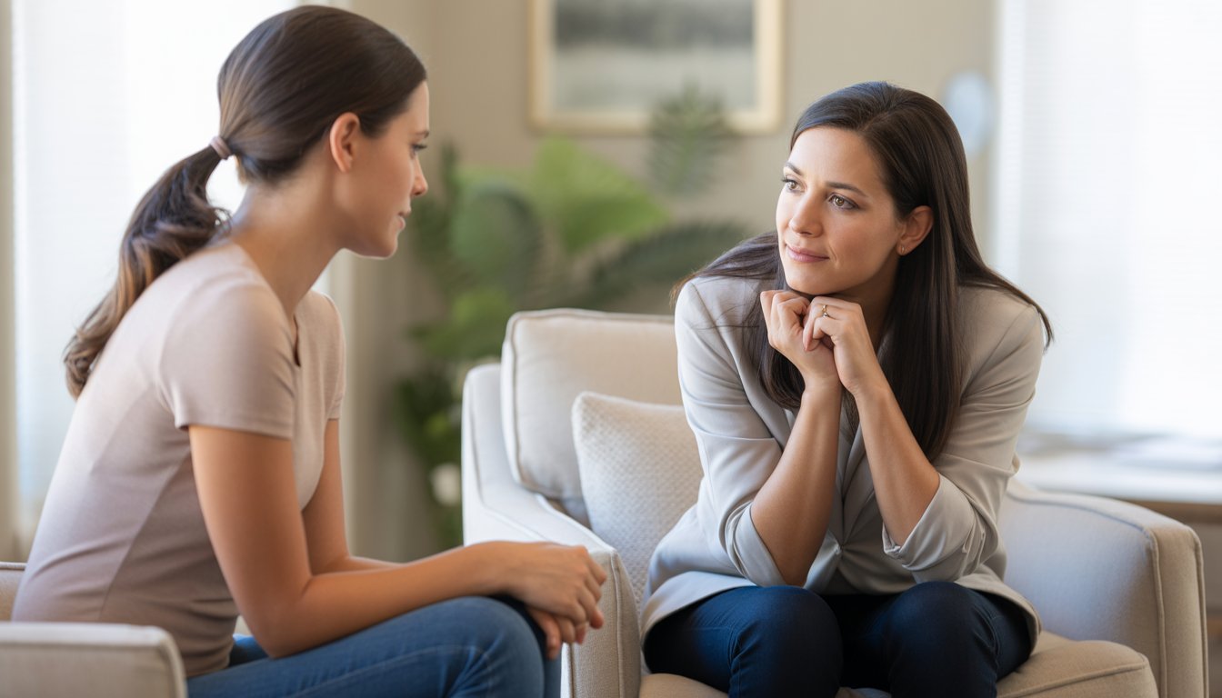 A therapist attentively listening to a woman during a counseling session in a bright, comfortable office.