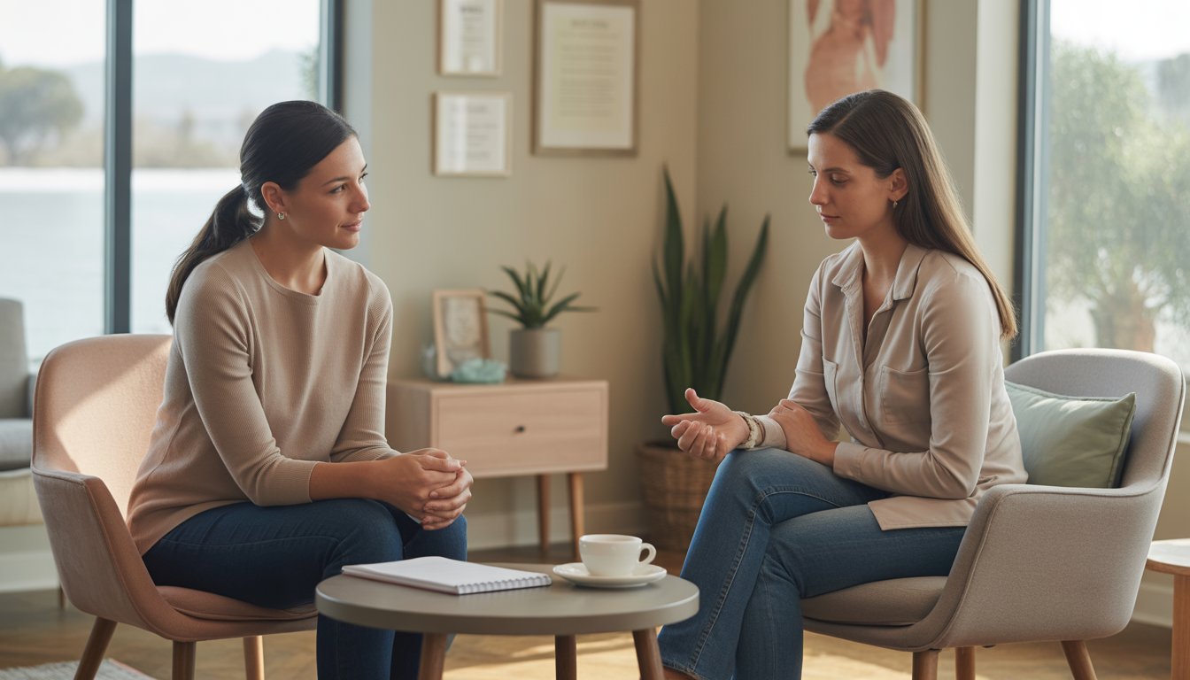 A therapist and a woman having a supportive conversation in a bright, welcoming clinic room.