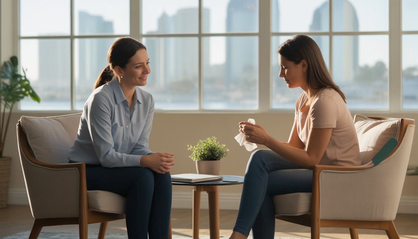 A therapist and a woman having a supportive conversation in a bright therapy office with a view of the San Diego skyline.