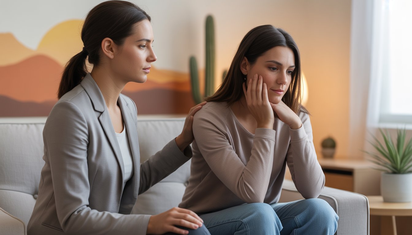 A female therapist attentively listening to a woman in a calm therapy office with desert-themed decor.