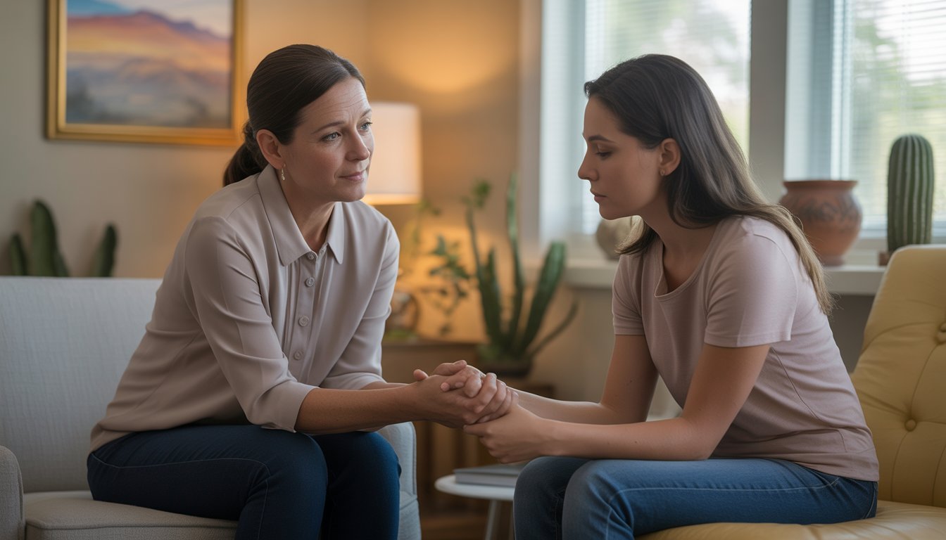 A female therapist gently supporting a grieving woman in a calm, softly lit therapy room with plants and natural light.