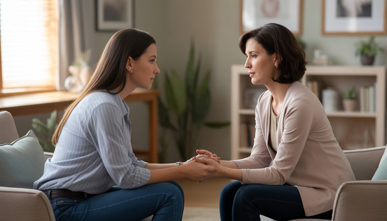 A therapist and a woman in a comforting counseling session in a warm, inviting therapy office.