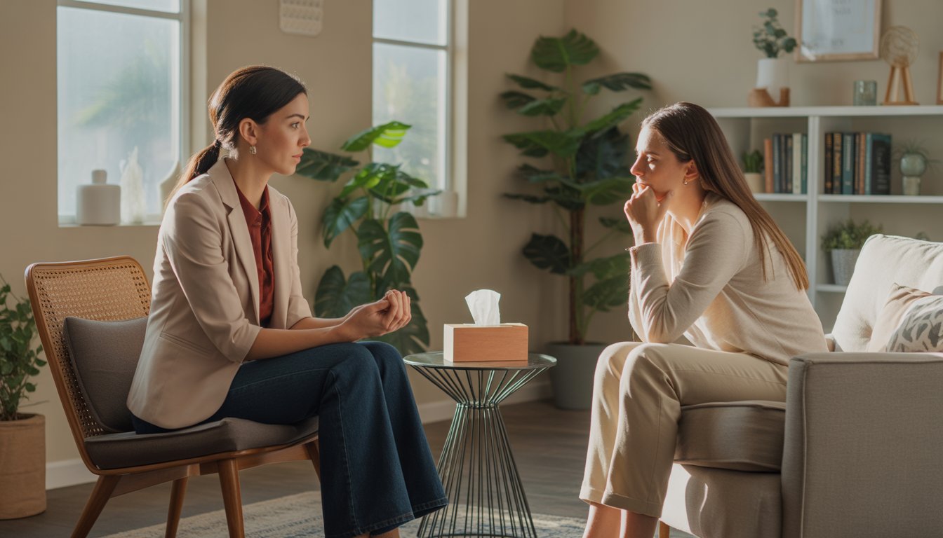 A female therapist attentively listening to a young woman in a warm, comfortable office setting.