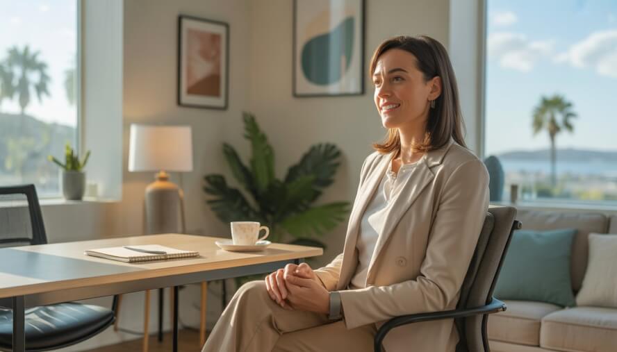 A female therapist sitting in a bright, cozy office with plants and a window showing palm trees outside.