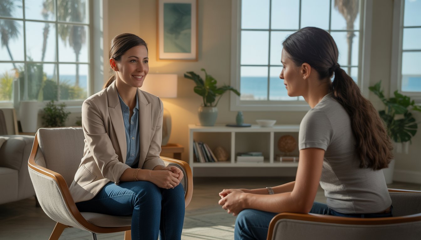 A female therapist talks supportively with a female client in a bright, modern office with windows showing palm trees and ocean in the background.