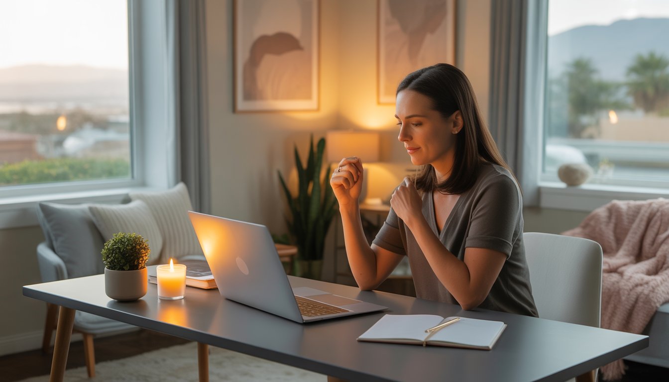 A female therapist sitting at a desk in a softly lit room, engaged in a virtual therapy session on a laptop, with calming decor and natural light from a window.